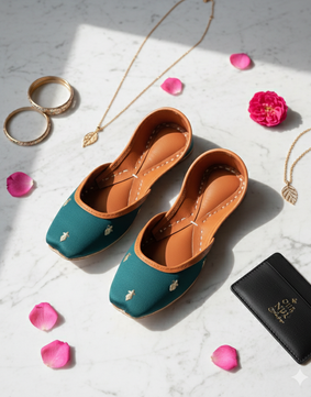 Silk-Zari Khussas (Peacock Green)